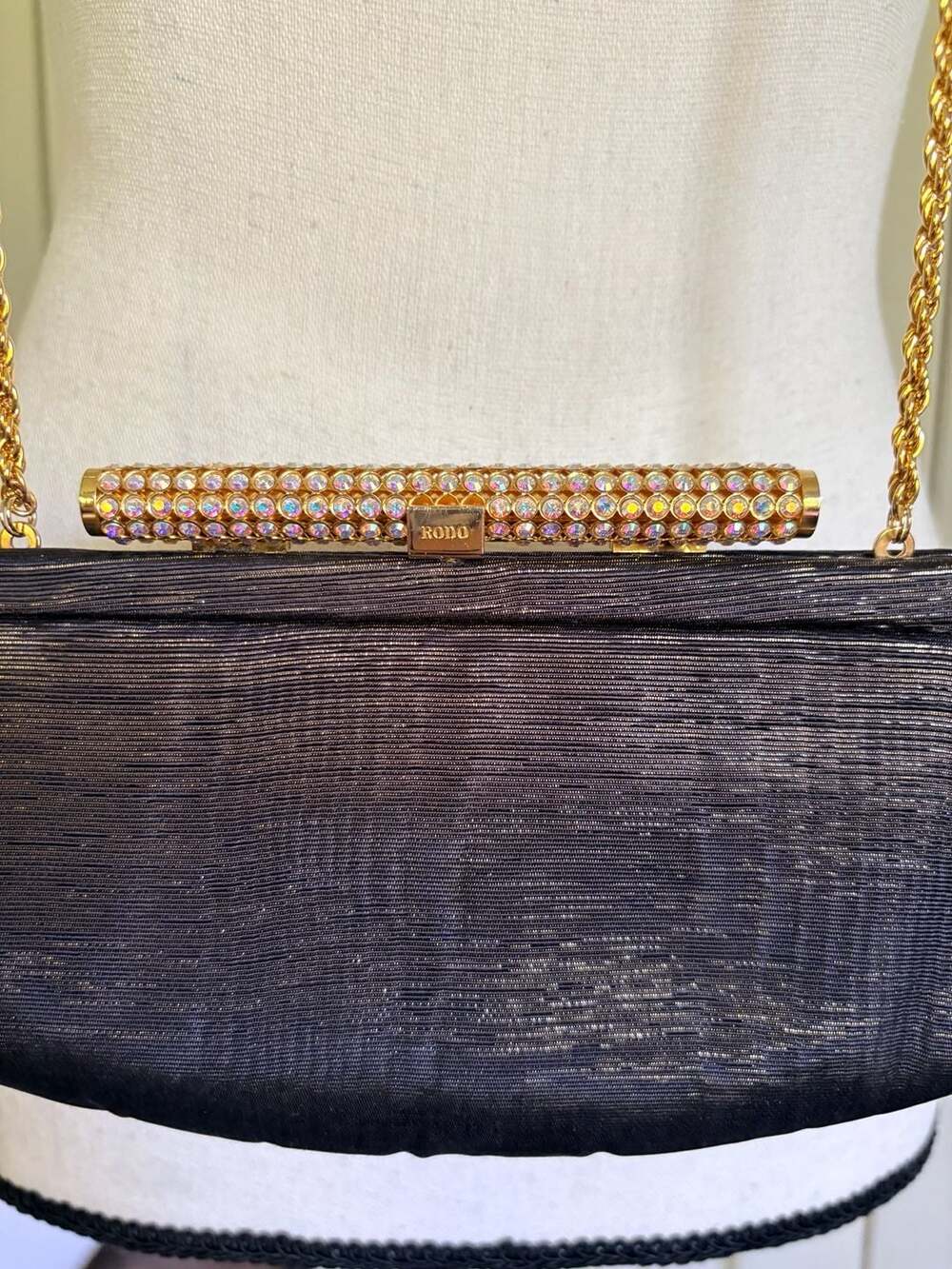 Vintage Rodo Italy Black Metallic Clutch with Jeweled Crystal Clasp and Chain - Picture 11 of 12